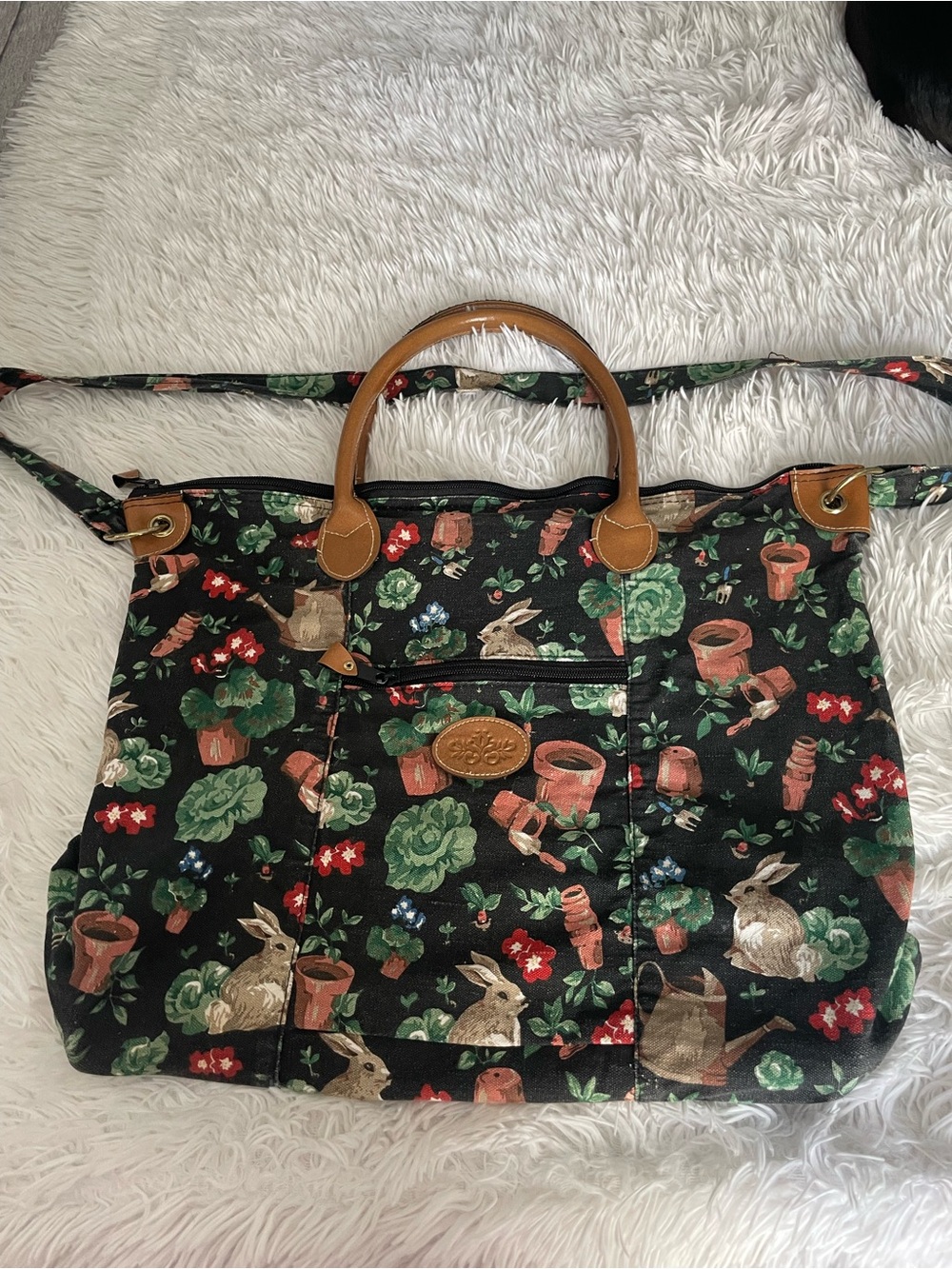 Canvas Garden Print Tote with Tan Handles